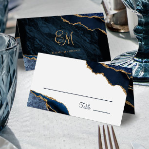 Elegant Navy Blue Gold Agate Monogram Wedding Place Card