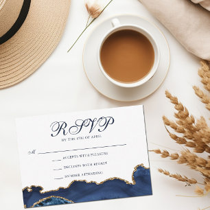 Elegant Navy Blue Gold Agate Party RSVP Card