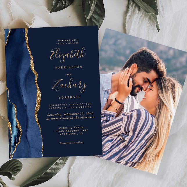 Elegant Navy Blue Gold Agate Photo Wedding Invitation (Creator Uploaded)