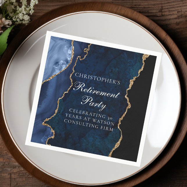 Elegant Navy Blue Gold Agate Retirement Party Napkin (Creator Uploaded)