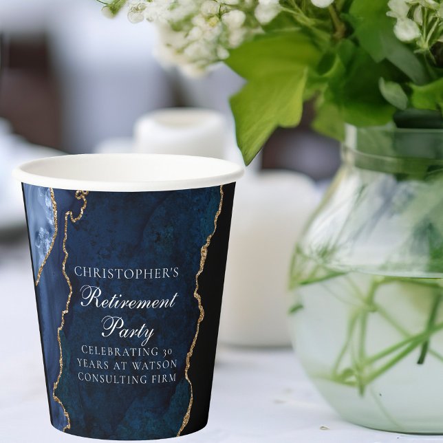 Elegant Navy Blue Gold Agate Retirement Party Paper Cups (Creator Uploaded)