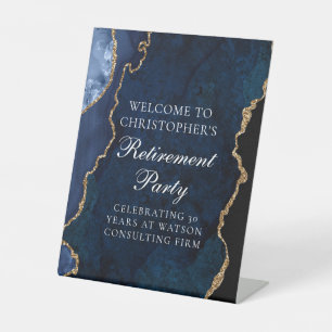 Elegant Navy Blue Gold Agate Retirement Party Pedestal Sign