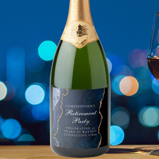 Elegant Navy Blue Gold Agate Retirement Party Sparkling Wine Label (Creator Uploaded)
