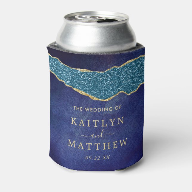Elegant Navy Blue & Gold Agate Wedding Can Cooler (Can Back)
