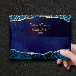 Elegant Navy Blue & Gold Agate Wedding Invitation Envelope