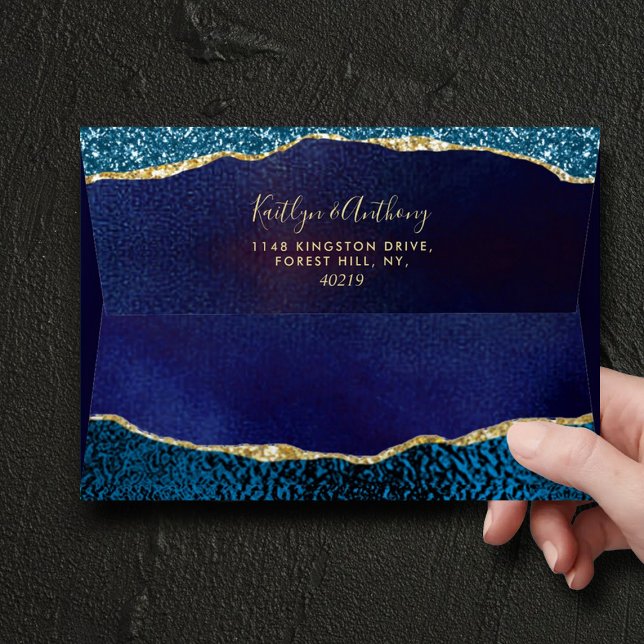 Elegant Navy Blue & Gold Agate Wedding Invitation Envelope (Creator Uploaded)