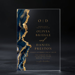 Elegant Navy Blue Gold Agate Wedding Monogram Acrylic Invitations