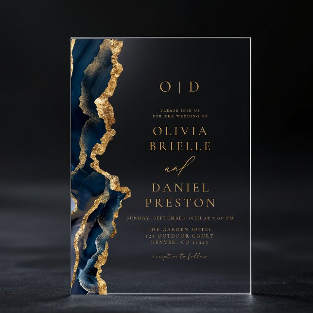 Elegant Navy Blue Gold Agate Wedding Monogram Acrylic Invitations (Creator Uploaded)