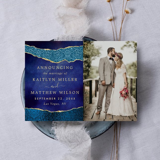 Elegant Navy Blue & Gold Agate Wedding Photo Announcement (Creator Uploaded)