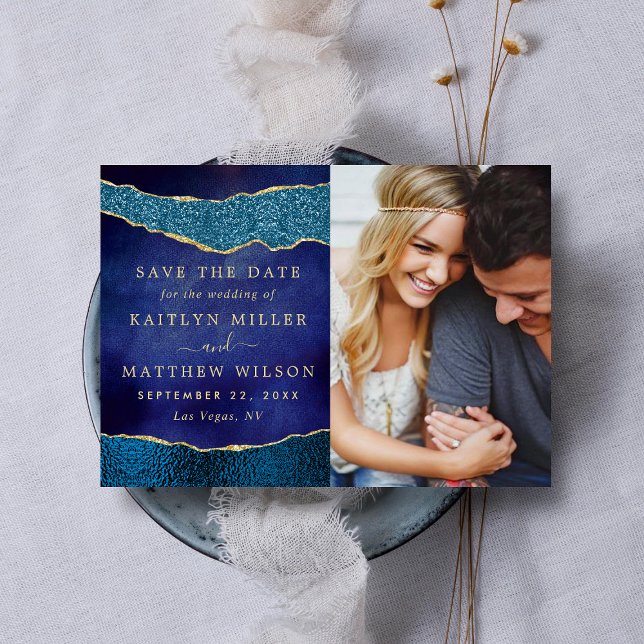 Elegant Navy Blue & Gold Agate Wedding Photo Save The Date (Creator Uploaded)