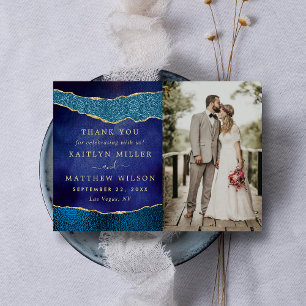 Elegant Navy Blue & Gold Agate Wedding Photo Thank You Card
