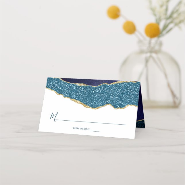 Elegant Navy Blue & Gold Agate Wedding Place Card (Front)