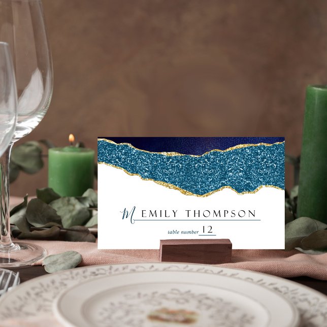 Elegant Navy Blue & Gold Agate Wedding Place Card (Creator Uploaded)