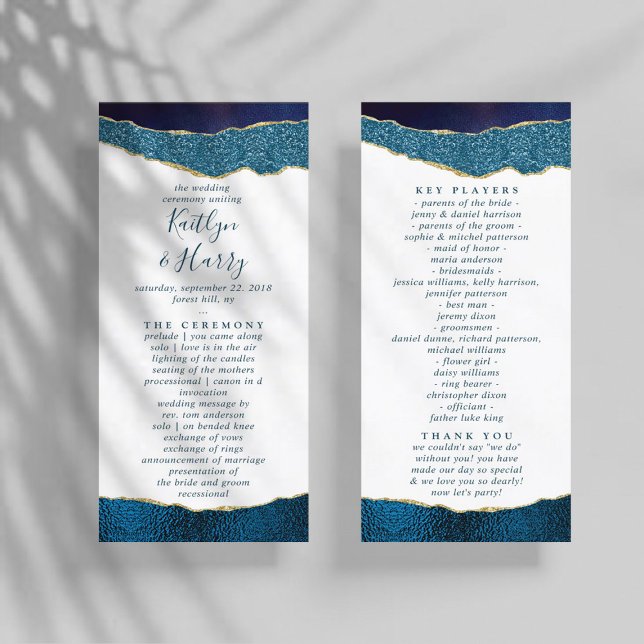 Elegant Navy Blue & Gold Agate Wedding Program Rack Card (Creator Uploaded)