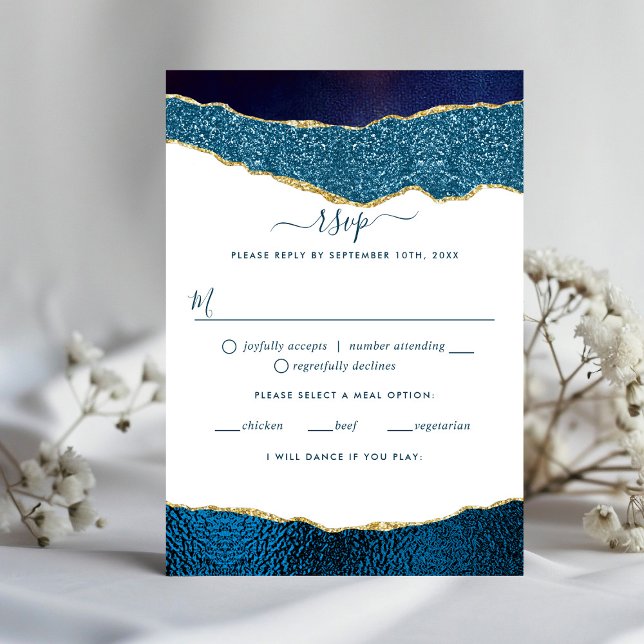 Elegant Navy Blue & Gold Agate Wedding RSVP Card (Creator Uploaded)