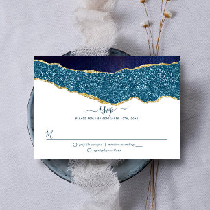 Elegant Navy Blue & Gold Agate Wedding RSVP Card