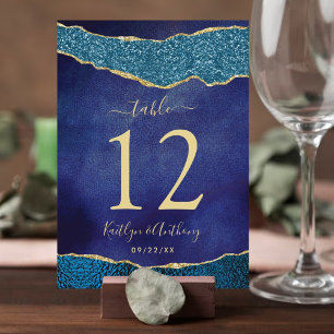 Elegant Navy Blue & Gold Agate Wedding Table Number