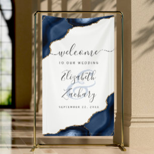 Elegant Navy Blue Gold Agate Wedding Welcome Banner