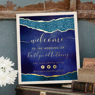 Elegant Navy Blue & Gold Agate Wedding Welcome Foil Prints