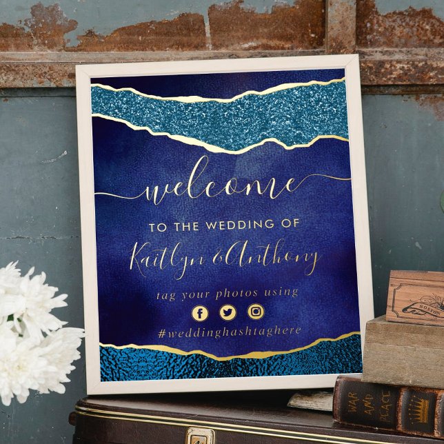 Elegant Navy Blue & Gold Agate Wedding Welcome Foil Prints (Creator Uploaded)