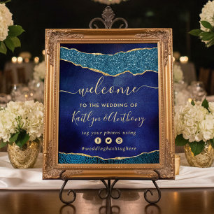 Elegant Navy Blue & Gold Agate Wedding Welcome Poster