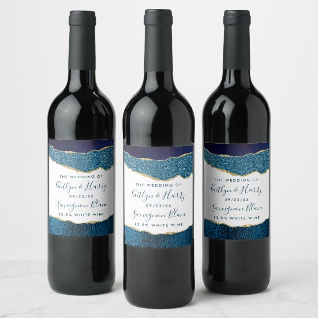 Elegant Navy Blue & Gold Agate Wedding Wine Label (Bottles)