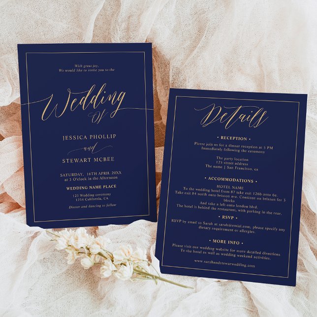 Elegant navy blue gold all in one script wedding  invitation (Elegant navy blue gold all in one script wedding invitation)
