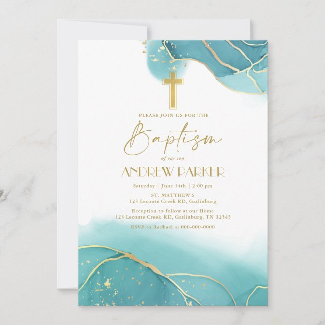 Elegant Navy Blue Gold Baptism Invitation (Front)