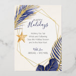 Elegant Navy Blue & Gold Beach Tropical Christmas<br><div class="desc">Nautical Boutique Co.'s elegant navy blue and gold foil holiday card features watercolor blue and gold tropical greenery and is accented with a pretty watercolor seashell. The text is whimsical hand-lettering paired with modern block typography. The green, gold, and creamy ivory are reminiscent of tropical holidays at the beach. Easily...</div>