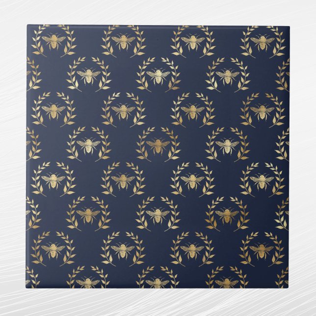 Elegant Navy Blue Gold Bees Laurel Wreath Tile (Creator Uploaded)