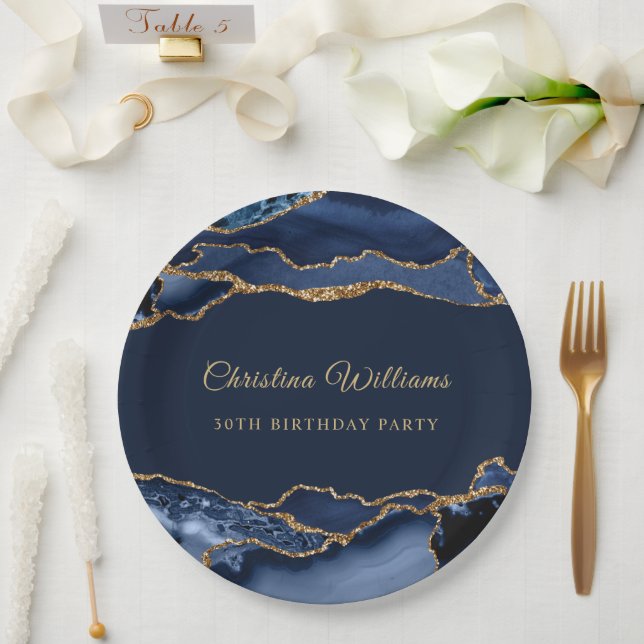 Elegant Navy Blue & Gold Birthday Party Decoration Paper Plate (Wedding)