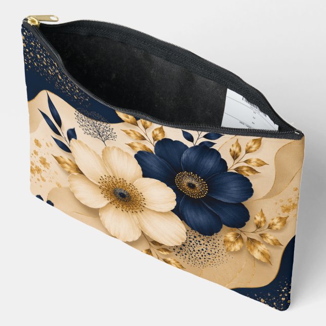 Elegant Navy Blue & Gold Botanical Floral Pattern Accessory Pouch (Open)