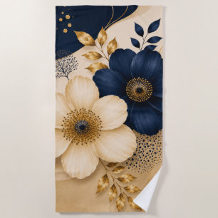 Elegant Navy Blue & Gold Botanical Floral Pattern Beach Towel