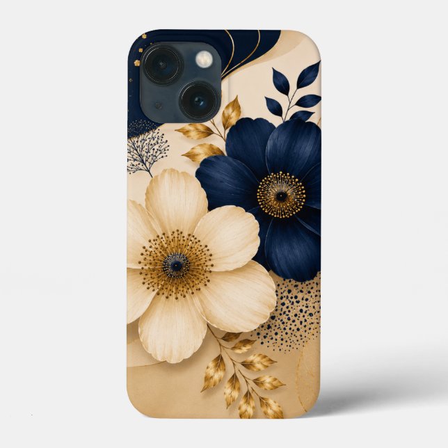 Elegant Navy Blue & Gold Botanical Floral Pattern Case-Mate iPhone Case (Back)