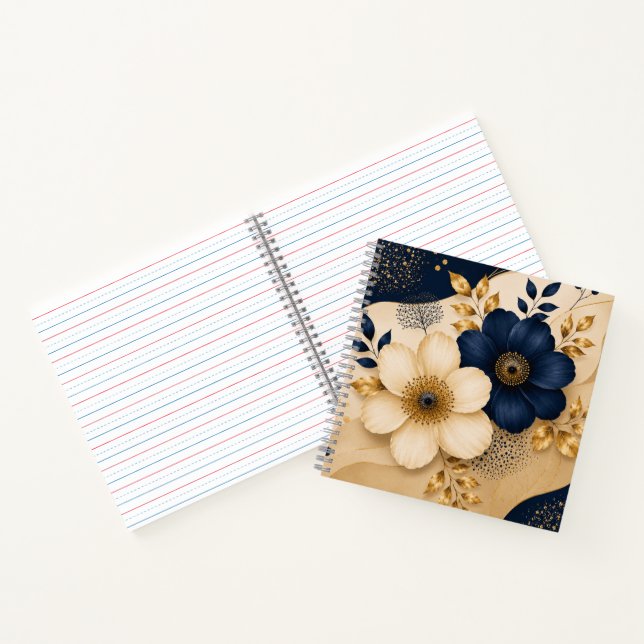 Elegant Navy Blue & Gold Botanical Floral Pattern Notebook (Inside)