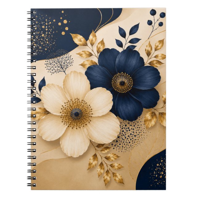 Elegant Navy Blue & Gold Botanical Floral Pattern Notebook (Front)