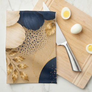 Elegant Navy Blue & Gold Botanical Floral Pattern Tea Towel