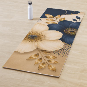 Elegant Navy Blue & Gold Botanical Floral Pattern Yoga Mat