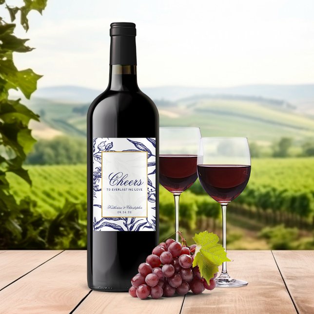 Elegant Navy Blue Gold Botanical Wedding Wine Label (Elegant Navy Blue Gold Botanical Wedding Wine Label)