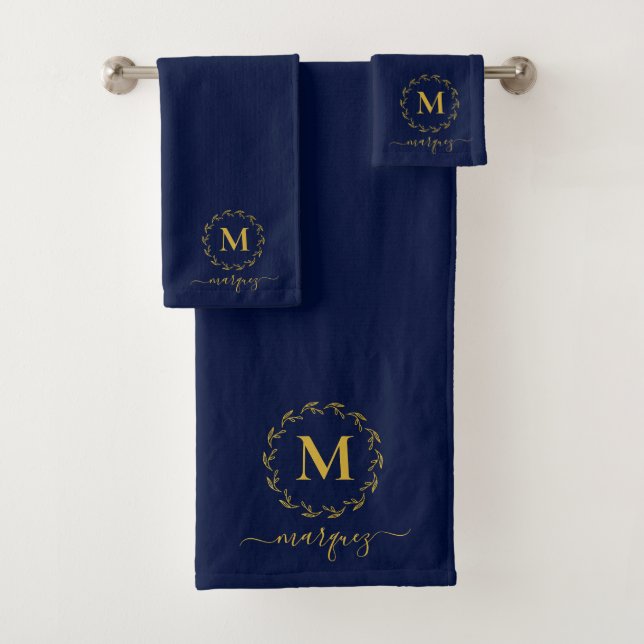 Elegant Navy Blue Gold Botanical Wreath Monogram Bath Towel Set (Insitu)
