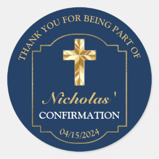 Elegant Navy Blue Gold Boys Confirmation Thank You Classic Round Sticker