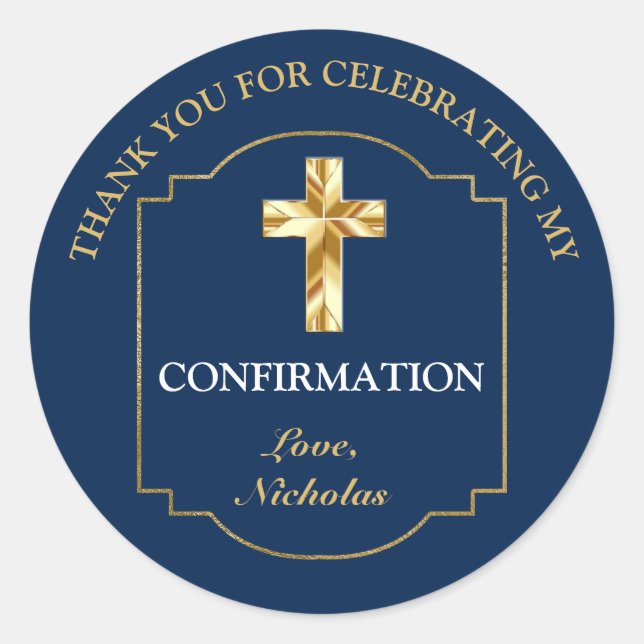 Elegant Navy Blue Gold Boys Confirmation Thank You Classic Round Sticker (Front)