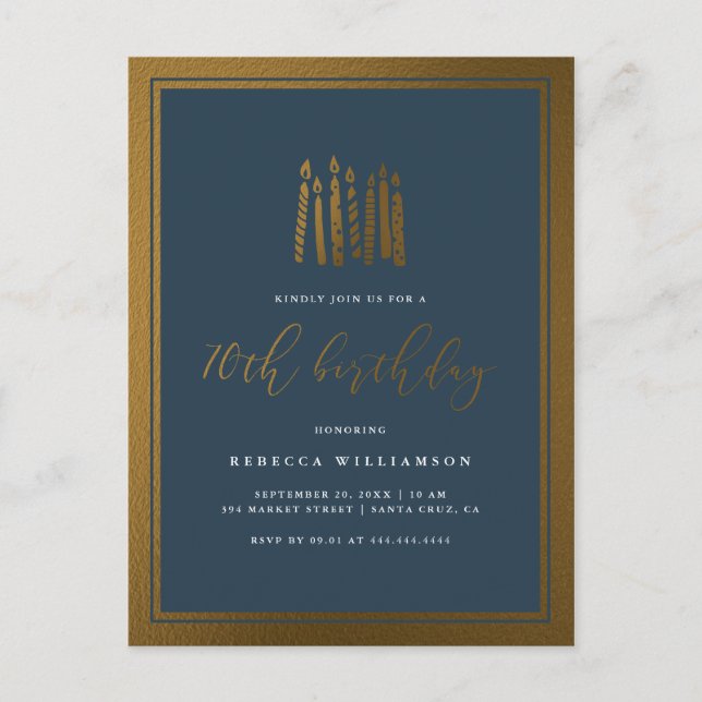 Elegant Navy Blue & Gold Candles 70th Birthday Invitation Postcard (Front)