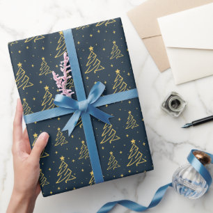 Elegant Navy Blue Gold Christmas Tree Pattern Wrapping Paper
