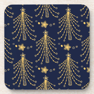 Elegant Navy Blue Gold Christmas Tree Star Pattern Coaster