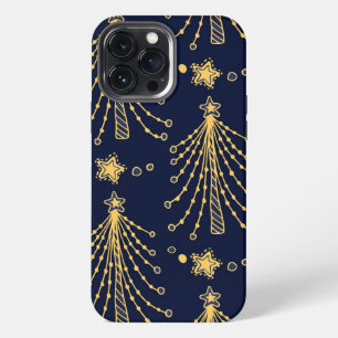 Elegant Navy Blue Gold Christmas Tree Star Pattern iPhone 13 Pro Max Case