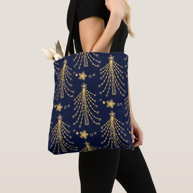 Elegant Navy Blue Gold Christmas Tree Star Pattern Tote Bag (Close Up)