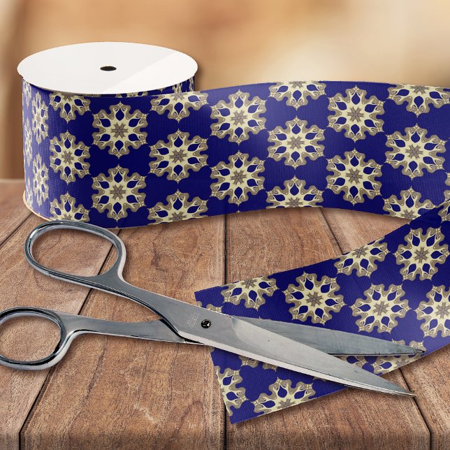 Elegant Navy Blue & Gold Classy Chic Floral Print Grosgrain Ribbon (Creator Uploaded)