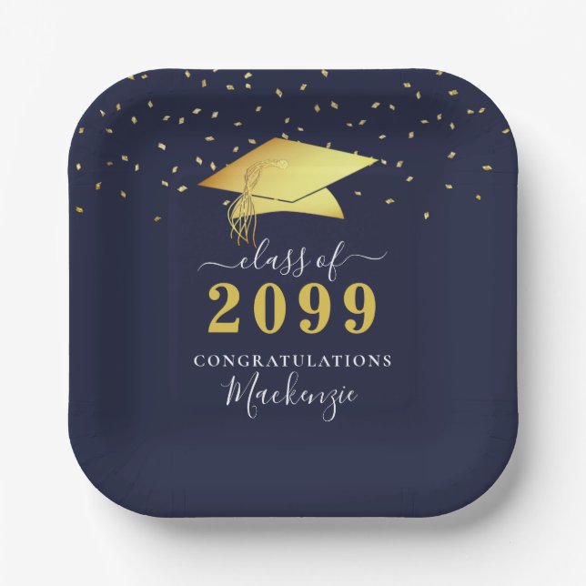 Elegant Navy Blue Gold Confetti Script Graduation Paper Plate (Front)