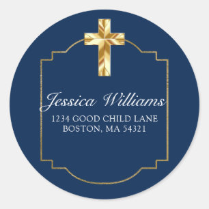 Elegant Navy Blue Gold Cross 1st Communion Classic Round Sticker